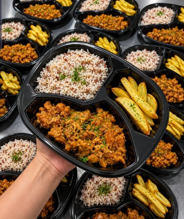 Frango em cubos ao molho Pomodoro, arroz vermelho e batata - 360g